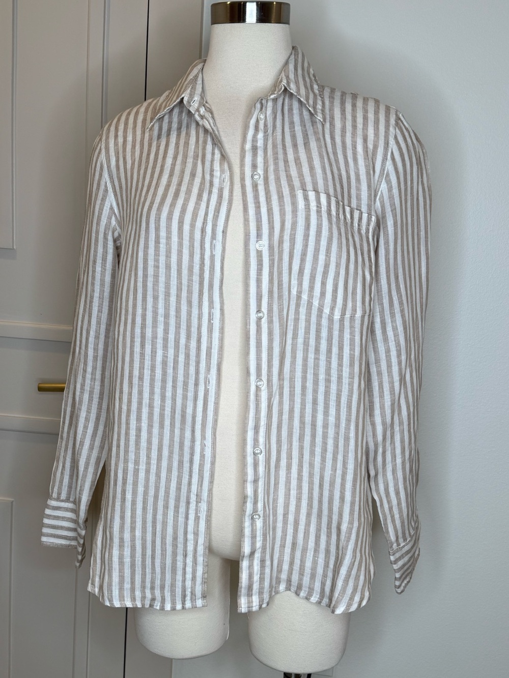 Linen Beige and White Stripe Button-Up Shirt